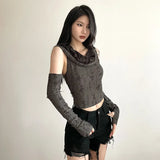 Zingj 2023 New Waste Dirt Street Hot Girl Sexy Slim Hole Hollow Sweater Sleeve Top Suit-Outfit