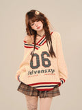 Brown V-neck Letter Print Oversize Sweater- Outfit