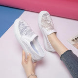 size white shoes 2021 summer breathable lace canvas shoes flat loafers sequined sneakers women