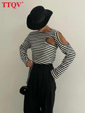 Fashion Black Striped T Shirt Women 2022 Autumn Casual Long Sleeve Hollow Out T-shirt Elegant Slim O-neck Female