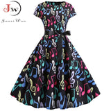 Women Summer Music Note Print Dress 50s 60s Robe Retro Swing Casual Vintage Sleeveless Party Dresses
