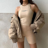 Knitted Ribbed Country Club Tank Top Women Letter Print Black Contrast Stitching Solid Sexy Crop Tops Harajuku O Neck