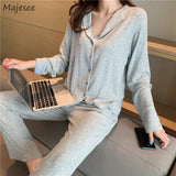 Solid Pajama Sets Women Simple V-neck Long Sleeve Homewear M-3XL Casual Breathable Loose Single Breasted Pyjamas