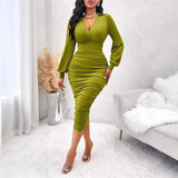 Sexy Casual Dress Solid Color V-Collar Close Waist Long Sleeve Wrap Hip Dress