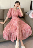 New French Vintage Midi Dresses for Women 2023 Elegant Chic Flower Printed V-neck Fashions Sweet Casual Female