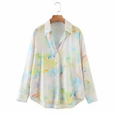 ZA Women Tie Dye Print Shirt Retro V-Neck Long Sleeve Elegant Blouse Casual Drape Button Up Spring Autumn Chic Female