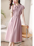 Fan Short Sleeve Polo Collar Shirt Dress 2025 Spring And Summer High-Sunny Bag Hip Tie Mid-Long