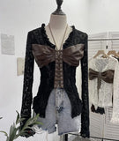 Real Shooting V Tie With Retro 2024 New Hottie Sexy Lace Splicing Pu Skin Hollow Shirt Top