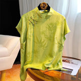 New Chinese Style Button Shirt Early Spring And Summer Green Retro Improved Jacquard Neck Short Sleeve Blouse