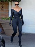 Off Shoulder 2021 Autumn Winter Long Sleeve Bodysuit Bodycon Women Sexy Black V Neck Casual Body Tops Party