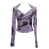 Explosion Tie-Dye-Print Long Sleeve Bottom Sexy Hottie V-Neck T-Shirt Folded Slimming Mesh Yarn Top