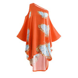 Bohemian Printed Blue Long Sleeve Self Belted Kimono Dress Women Clothing Summer Beachwear One Shoulder Maxi Dress