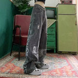 street clothing retro trend pocket jeans female letter star print high waist casual oversized straight pants