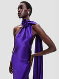 Purple Satin Halter Neck 3D Flower Design Backless Maxi Dress- Outfit