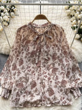 Korean Print Chiffon Shirt Bow Neck Long Sleeves Loose Leopard Top Casual Paisley Vintage Floral Blouse Spring
