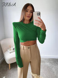2021 O Neck Brown Long Sleeve Crop Top Women Basic Casual Autumn Winter Sexy T Shirts Black Ruched Streetwear