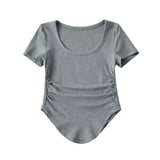 Zingj Trendy Women's Wear U-Collar Ant Waist Tight Pleated Short-Sleeved T-Shirt Spice Girl Curved Hem Sexy