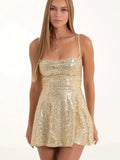 Women's Sexy Shiny Sequined Summer Backless Bow Knot Tie-up Hollowed A-Line Mini Party Dress Beach Club