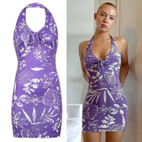 V Neck Print Sexy Backless Bodycon Dress Party Sleeveless Summer Halter Mini Dresses Women Fashion Streetwear