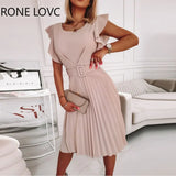 Women Casual Solid Round Neck Short Flying Sleeves Folds Midi Working