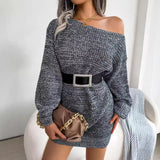 Autumn And Winter Leisure Word Collar Shoulder Color Lantern Sleeve Knitted Sweater Skirt Burst