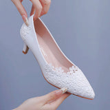 Simple Lace Flower Wedding Shoes White 5Cm High Heels Wedding Photos Adult Wedding Shoes Wedding