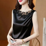 Chiffon Tops Shirt Women Summer Loose Vest Satin Sleeveless Lace V-neck Top Office Lady Blouse M-4XL blusones de