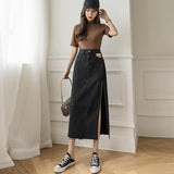 Long Maxi Denim Skirt for Women's Y2k Korean Fashion 2023 Female Loose Sexy Side Slit Open Legs Skirts Jeans Retro Bag