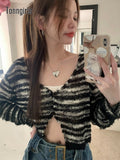 Y2k Harajuku Women T Shirt Grunge Aesthetic Crop Tops See Through Striped Vintage Tops Knit Smock E Girls Tee