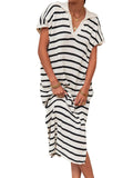 Zingj Summer Dress Women's V-Neck Stripe Low Slit Lapel Long Sweater Even-Outfit