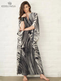 Elegant Quick-drying Striped V-Neck Self Belted Summer Beach Dress Black Cotton Tunic Plus Size Women Beachwear Kaftan