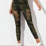 Skinny Camouflage Printed Ripped Stretch
