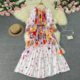 Zingj New Women's Dress Oversized Skirt Print Pleated Waist Lace Holiday