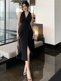 Women New Summer Sexy Wrap Lace Up Midi Dress Party Split Femme Chic One Piece Robe Bodycon Elegant Clothes