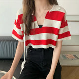 V-Neck Knitted Vest 2021 NEW Spring Summer Short Sweater Vests Short Female Casual Sleeveless Stripe Knit