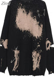 Women Tie Dye Gradient Print Crew Neck Loose Ripped Hole T-shirt Tops 2023 Autumn Korean Pattern Pullover Tee Tops