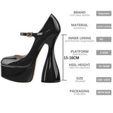 Onlymaker Women Pumps Platform Black Patent Leather Spike High Heels Slip-On Buckle Big Size Fashion Elegant Mary Jane