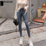 Fly Women Jeans High Waist Denim Pants Women High Elastic Skinny Pants Ripped Hole Stretchy Women