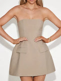 Flower Bow Strapless Mini Dress Women Slim Sleeveless Cut Out Zipper Pockets Robe 2024 Lady Sexy Party Club A-line