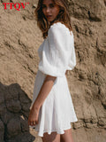 Sexy V-Neck White Summer Dresses Woman 2022 Elegant High Waist Puff Sleeve Mini Dress Casual Classic Female