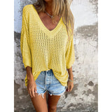 For The New T-Shirt Women's Hollow Long-Sleeved Knitted Shirt Languid Style Design V Collar Sunscreen Sexy
