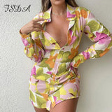 2021 Floral Print Long Sleeve Shirt Dress Women V Neck Spring Summer Mini Sexy Beach Casual Bodycon Party