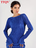 Fashion Blue Pleated Dresses For Women 2022 Autumn Open Back Long Sleeve Dresses Elegant Pencil Midi Dress Female