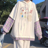 Kawaii Anime Plaid Hoodie Japanese Streetwear Soft Girl Cute Aesthetic Teens Long Sleeve Oversized White Pullover