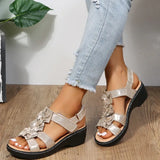 for Women's Summer 2022 Plus Size Casual Round Toe Flower Sandals Women Wedge Roman Sandals Women PU Leather