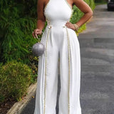 White Sexy Women Bodysuit Backless Round Neck Sleeveless Naked Waist Loose Mop Pants Jumpsuit Fashion Summer