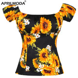 Print Women Vintage Tops Slash Neck Puff Sleeve 50s Retro Elegant Black T Shirt Cotton Slim Fit Summer Rock