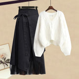 Women Winter Patchwork Long Sleeve Knitted Tops + Asymmetric Skirt 2 Piece Suit Female Party Elegant Two Piece Set 211-0-Outfit