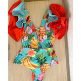 New Sexy V-Neck Lace One Piece Swimsuit Ruffle Swimwear Women Bandage Bathing Suit Beachwear Print Monokini