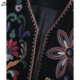 Women Vintage Flower Embroidery National Style Short Coat Ladies Retro Open Stitching Casual Velvet Jacket Tops